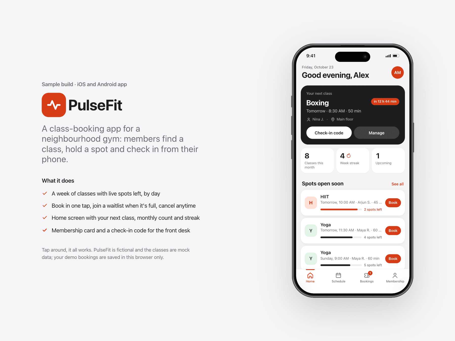 PulseFit, a gym class-booking app sample build