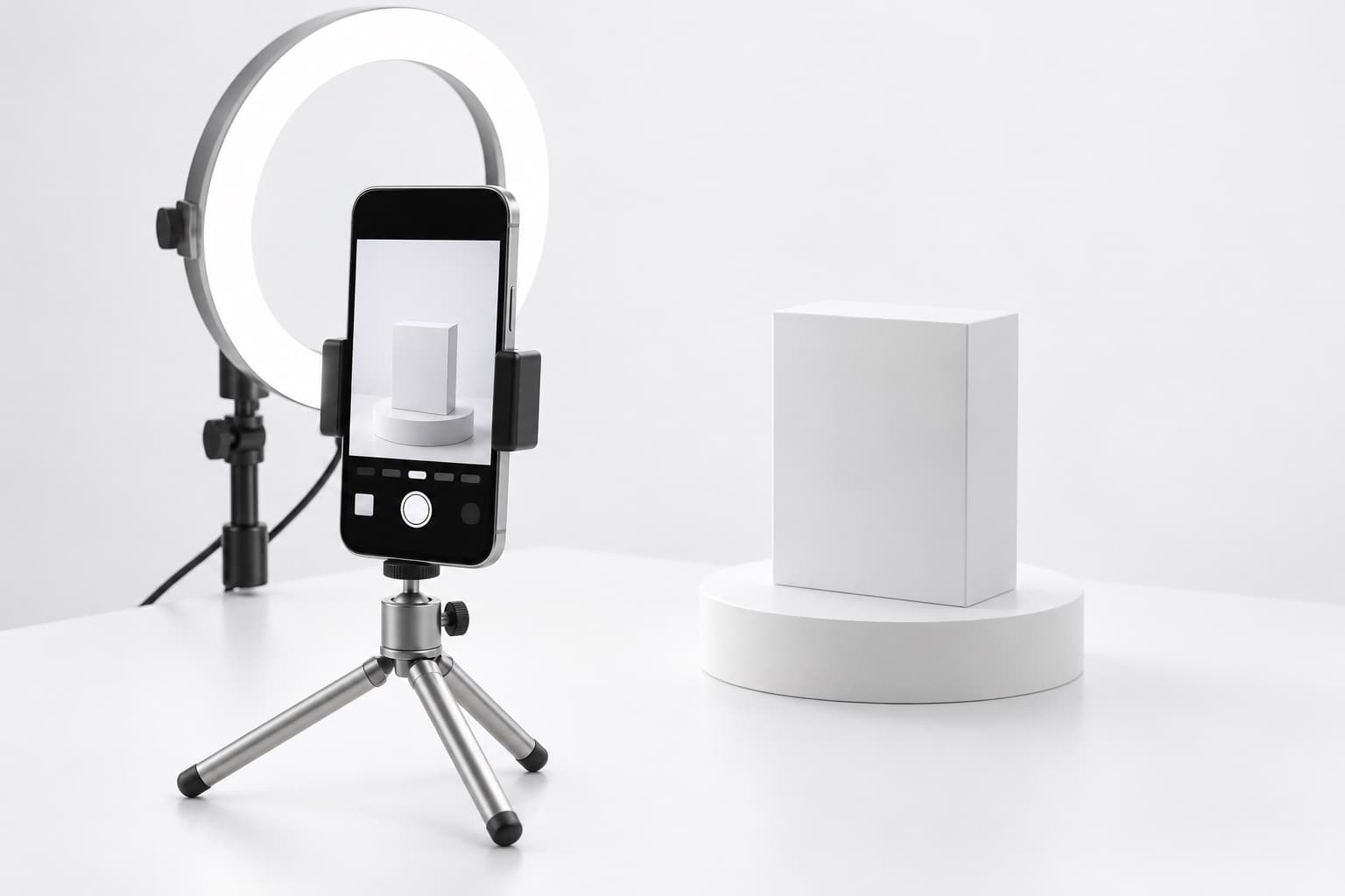 A phone on a small tripod in front of a ring light, filming a white product box on a pedestal