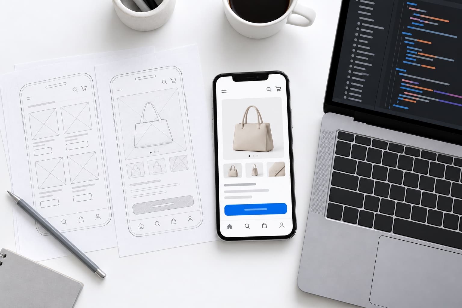 Paper wireframe sketches of a shopping app, the finished app on a phone, and code on a laptop
