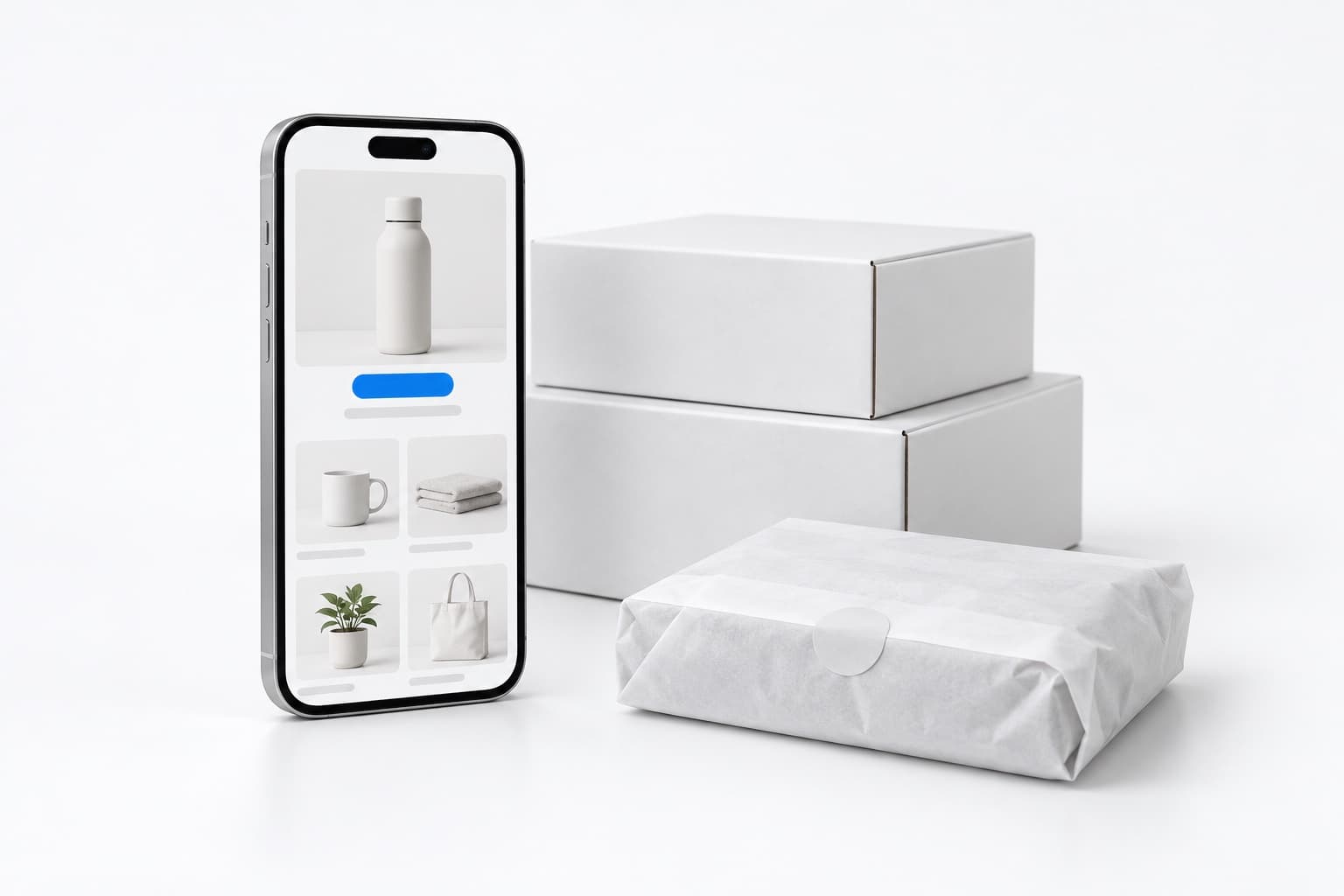 A phone showing a minimal online store next to stacked white product boxes and a wrapped parcel